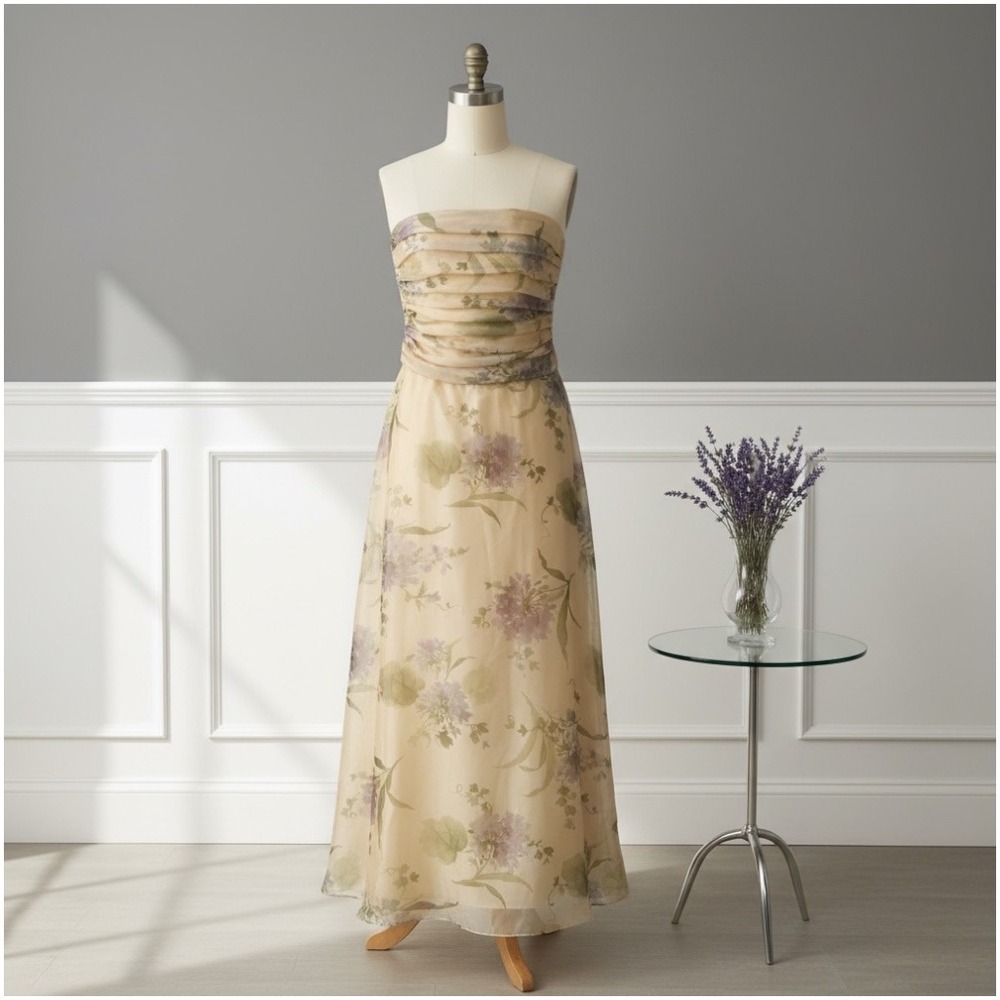 Scott Mclintock Strapless Y2K Yellow Floral Ethereal Chiffon A Line Dress Size 2